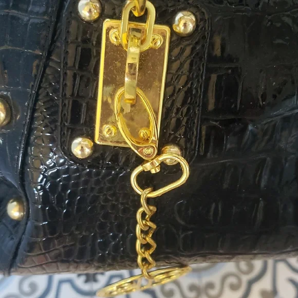 Calla Black Faux Snake-Embossed Handbag w/ Gold Accents - Picture 2 of 7